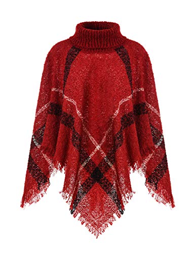 Ferand Warmer Weicher Karierter Damen Poncho-Pullover mit Kapuze oder Rollkragen