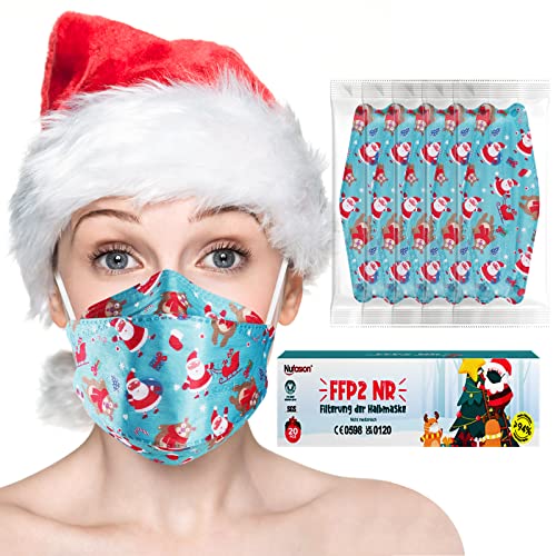 Nufasion Weihnachten FFP2 Maske Bunt Fischform CE0598 zertifiziert 20 Stück Einzeln Verpackt Mundschutz FFP2 Masken 4-Lagige Filterrate Über 95% Einweg-Atemschutzgerät Für Erwachsene & Jugendliche