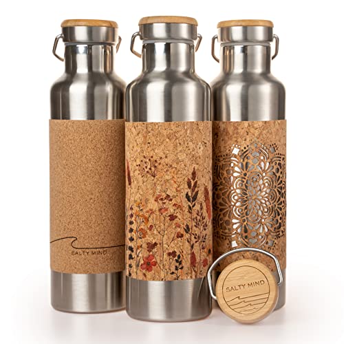 Salty Mind nachhaltige, isolierte Edelstahl Trinkflasche [750ml] - Thermo Wasserflasche, auslaufsicher, schadstofffrei, geschmacksneutral | BPA frei, Kork, Tragegriff Yoga Büro Outdoor (Blumen-Druck)