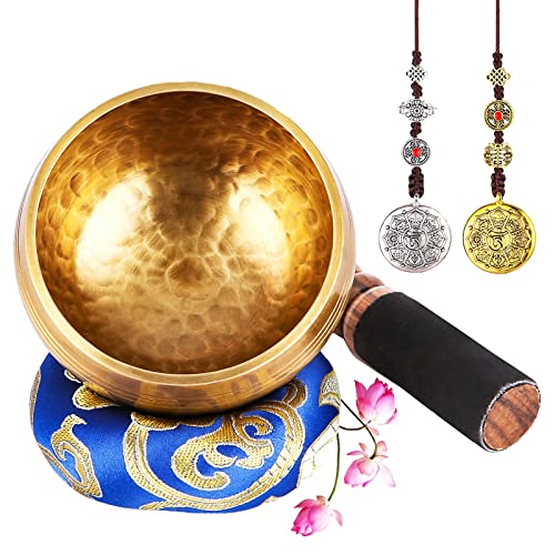 UNIDEAL Tibetische Klangschale Set, Singing Bowl aus Tibet mit Klöppel und Klangschalenkissen, Kommt mit 2 verheißungsvollen Kupferornamenten, Handgefertigt in Nepal, zur Yoga Meditation, Entspannung