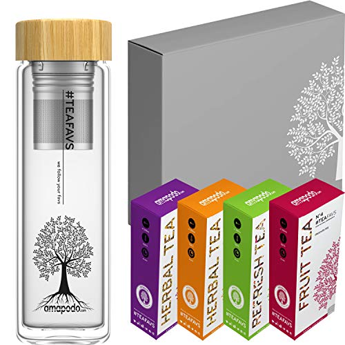 amapodo Tee Geschenkset - Teeset Geschenkbox - Teeflasche aus Glas 400ml mit Teefilter für losen Tee - Früchtetee - Kräutertee - Tea For One Set - Geschenke für Frauen