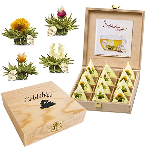 Creano Teelini Teeblumen im Tassenformat, Geschenkset in Teekiste aus Holz, 12 ErblühTeelini in 4 Sorten, Weißer Tee, Geschenk für Frauen, Mutter, Teeliebhaber