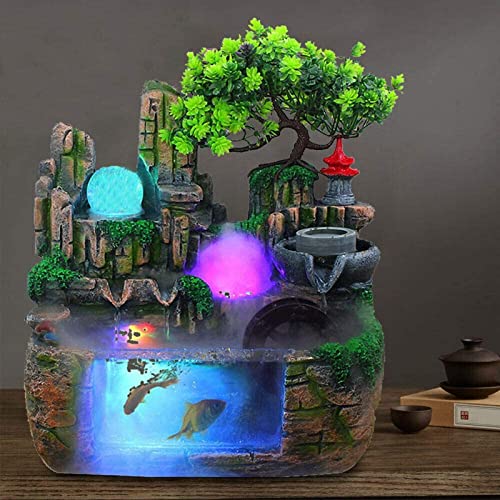 Zimmerbrunnen mit LED Beleuchtung - Tischbrunnen Wasserfall mit Nebel,Desktop-Brunnen Zimmerbrunnen mit Pflanzen Brunnendekoration Groß für Wohnzimmer Schreibtisch