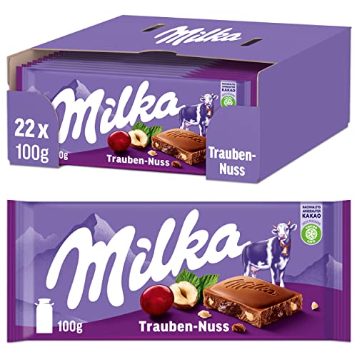 Milka Trauben-Nuss Tafel 22 x 100g, Alpenmilch Schokolade mit Trauben- und Haselnüssen, Noch schokoladiger