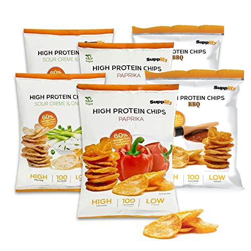 Supplify Protein Chips - Mix Box II (Paprika, Sour Cream n Onion, BBQ) Eiweiß Snack zum Abnehmen oder Muskelaufbau - die leckere Alternative zu Protein-Pulver oder -Riegel (6x50g)