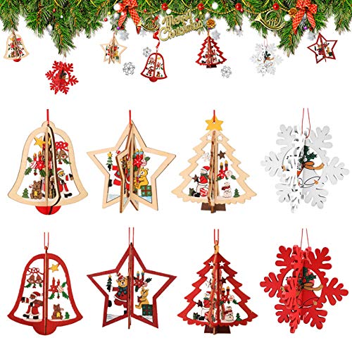 8 Stück Kleine Anhänger Holz Weihnachten,3D WeihnachtsbaumschmuckAnhänger Dekoration Holz,Weihnachtsbaum Deko Holz,Holz Weihnachtsdeko Anhänger,Ornamenten für Weihnachtsbaum,weihnachtsdeko basteln
