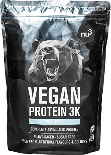 nu3 Vegan Protein 3K Shake (1kg) - neutrales Protein Pulver vegan mit Sonnenblumen Proteinpulver, Reis-, Erbsen- & Johannisbrotprotein - Mehrkomponenten Eiweiss Protein Pulver mit 78% Eiweiss