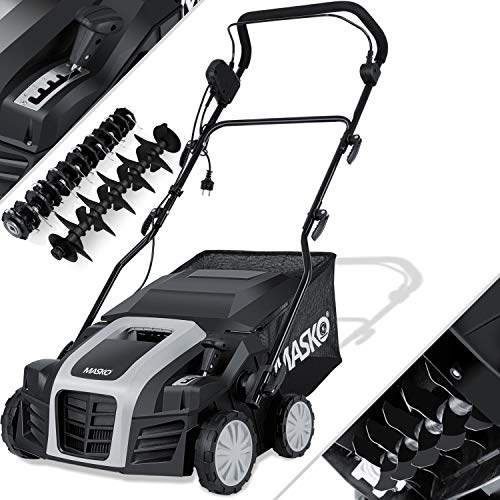 MASKO® - Elektro 2in1 Vertikutierer Rasenlüfter 1800 Watt 40cm Arbeitsbreite 55L Fangkorb inkl. Lüfterwalze Lüfter Moosentferner, 5-stufige Arbeitstiefe einstellbar, höhenverstellbarer Holm Schwarz