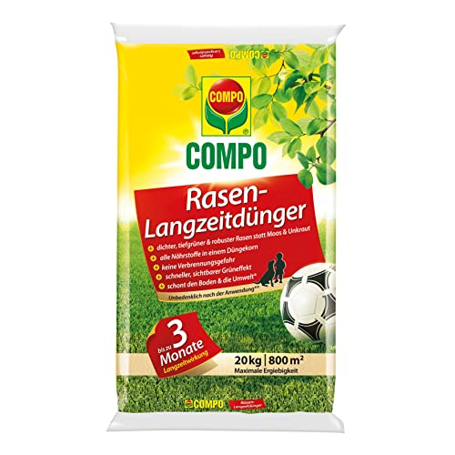 COMPO Rasen-Langzeitdünger, 3 Monate Langzeitwirkung, Rasendünger, Feingranulat, 20 kg, 800 m²