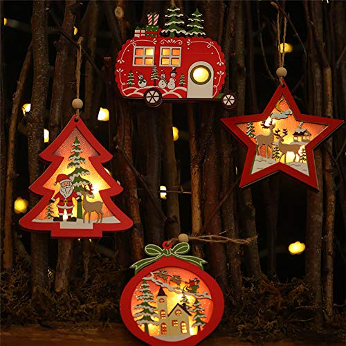 Queta 4 Stück LED Weihnachtsanhänger Holz Weihnachtsbaumschmuck Christbaumschmuck Anhänger Holz Weihnachtsbaum Deko Weihnachtsdeko zum Aufhängen