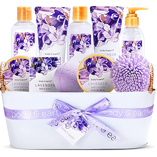 BODY & EARTH Bade-Spa-Geschenke für Frauen, Lavendel-Geschenkset, 11-teilig, enthält Duschgel, Schaumbad, Badesalz, Körperlotion, Weihnachtsgeschenke für sie, Geburtstagsgeschenke für Frauen
