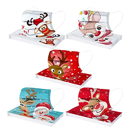 Alueeu 50 Stück Damen Herren Mundschutz mit Motiv Weihnachten Weihnachtsmaske Bunt MNS Mund und Nasenschutz Cartoon Druck Maske Tücher Atmungsaktiv Mund-Tuch Bandana Halstuch Schals Erwachsene