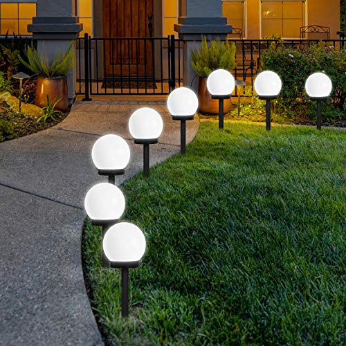 FLOWood Solar Gartenleuchte wasserdicht Solarlampe für Garten Außen LED Kugel mit Erdspieß Kunststoff ∅10 x L33 cm 8 Stück