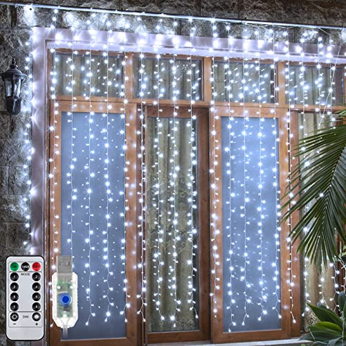 Ollny Lichtervorhang Innen 3x3m Kaltweiß, 300 LEDs Lichterketten Vorhang USB mit Timer Fernbedienung, Wasserdicht Lichterkette Innen für Hochzeit, Party, Terrasse, Weihnachten