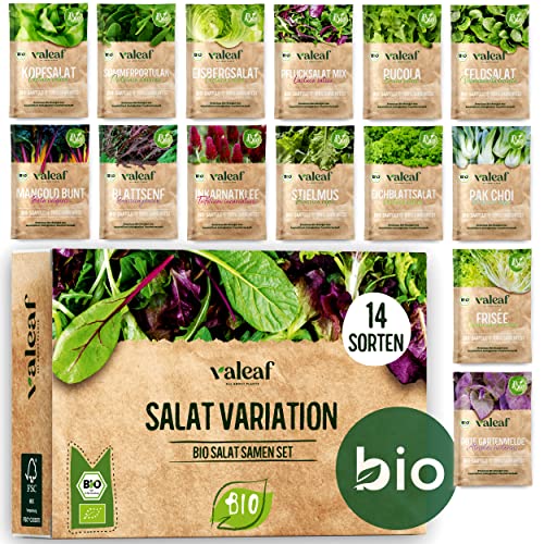 BIO Salat Samen Set - 14 Sorten Salatsamen aus biologischem Anbau I samenfestes Salat Saatgut I Bio Salat Set für Balkon, Garten und Hochbeet I 14er Saatgut Gemüse inkl. Gemüsesamen alte Sorten