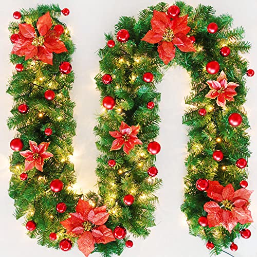 Weihnachtsgirlande mit Beleuchtung - Künstlich Tannengirlande mit Rote Blumen, Glänzend Kugeln - Weihnachtskranz Weihnachtsdeko für Haus Treppen Kamin Haustür Display Innen Außen Dekoration-2.7 Meter